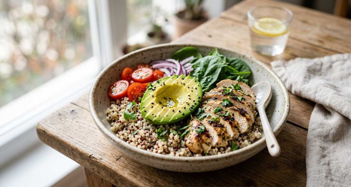 Bowl Saludable de Pollo, Aguacate y Quinoa Receta Fácil