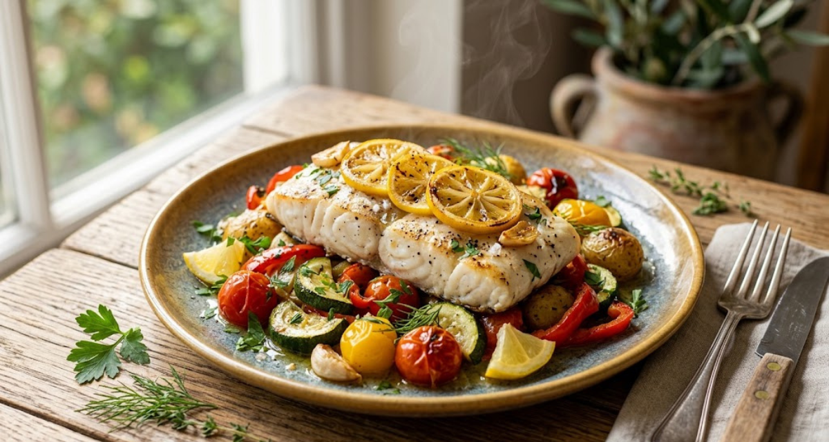 Merluza al Horno con Limón y Verduras Receta Ligera
