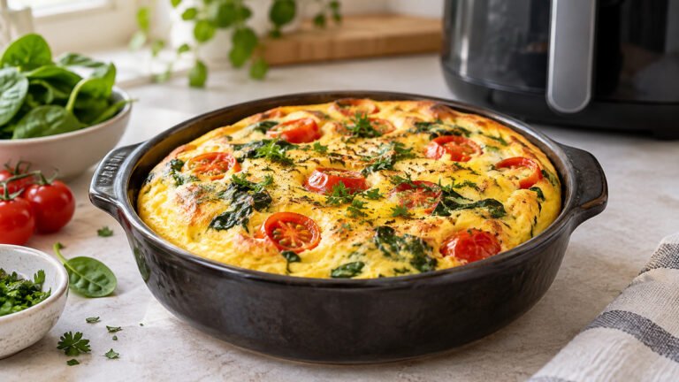 Tortilla francesa en air fryer con espinacas y tomate