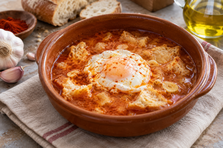 Sopa de ajo con pan y huevo servida en una cazuela de barro
