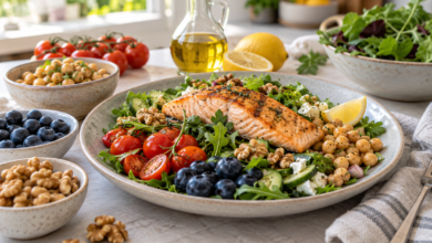 Alimentos antiinflamatorios: salmón con verduras y frutos rojos