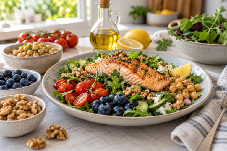Alimentos antiinflamatorios: salmón con verduras y frutos rojos