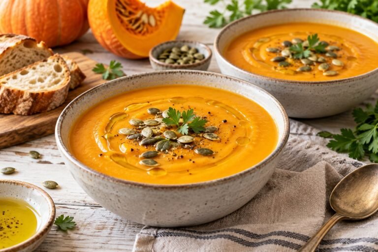 Crema de calabaza sin nata con semillas y aceite de oliva