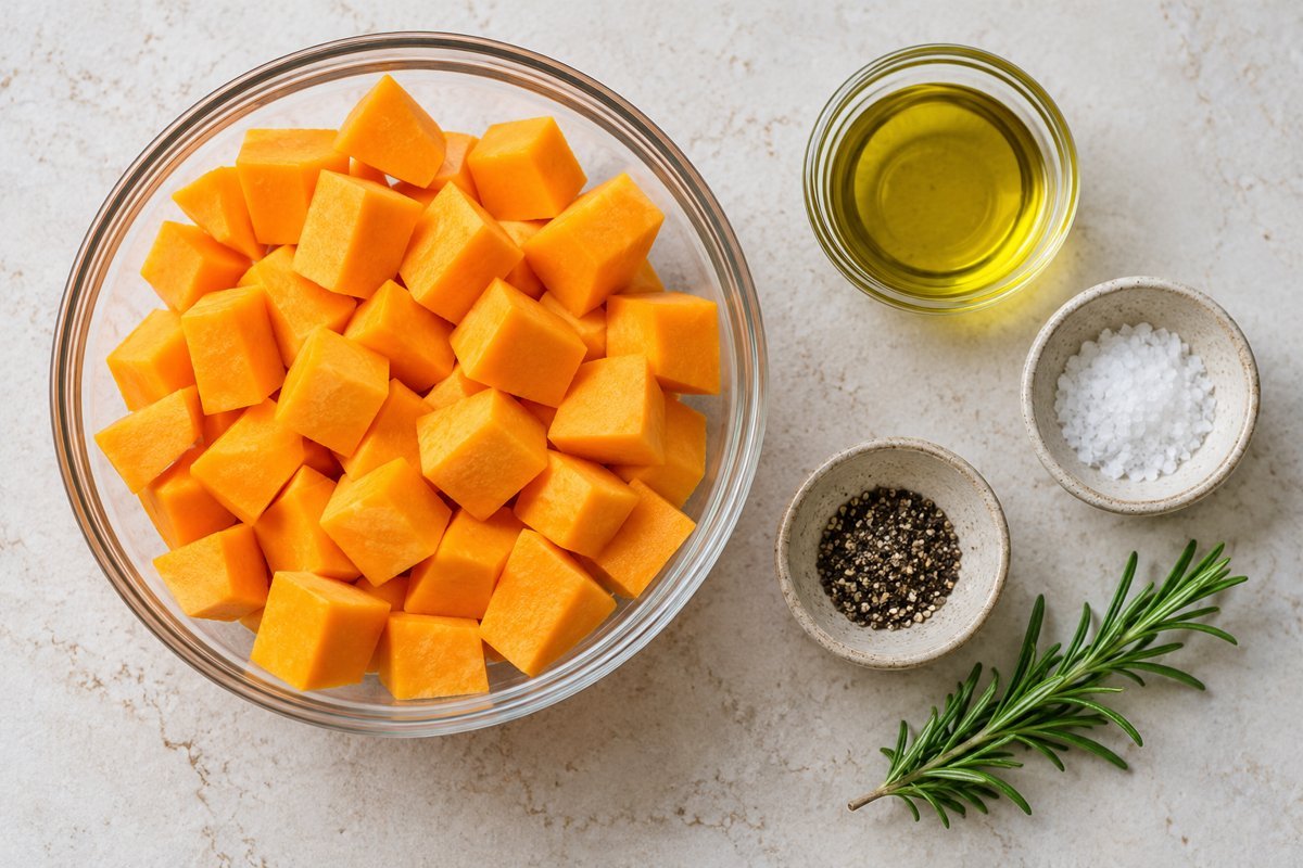 Ingredientes para calabaza en freidora de aire: dados, aceite y romero