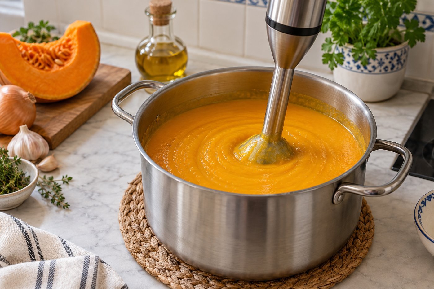 Preparación de una crema de verduras para cocinar por lotes