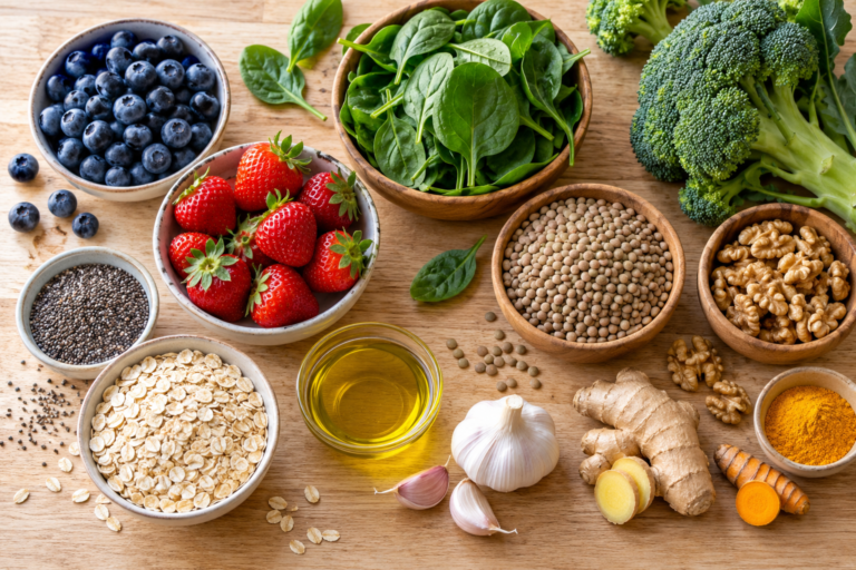 Lista visual de alimentos antiinflamatorios: frutas, verduras, legumbres, nueces y especias
