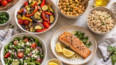 Menú semanal saludable con verduras, garbanzos, arroz integral y salmón