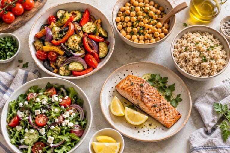 Menú semanal saludable con verduras, garbanzos, arroz integral y salmón
