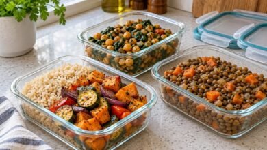 Raciones de arroz, verduras y legumbres en recipientes de cristal