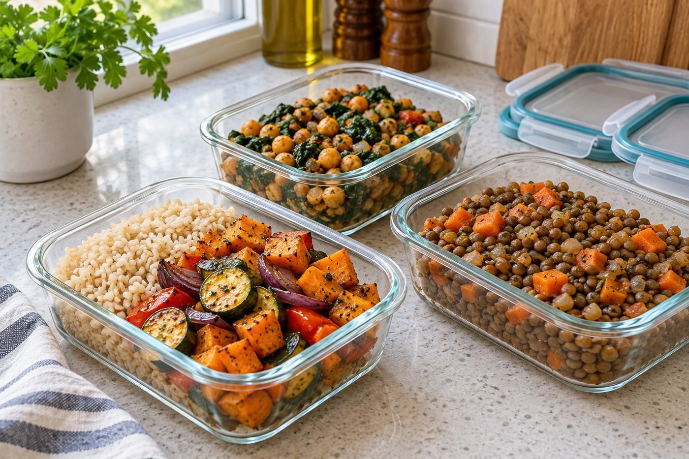 Raciones de arroz, verduras y legumbres en recipientes de cristal