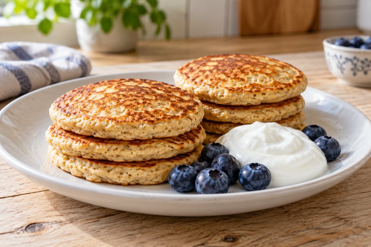 Tortitas de avena sin plátano con yogur y arándanos
